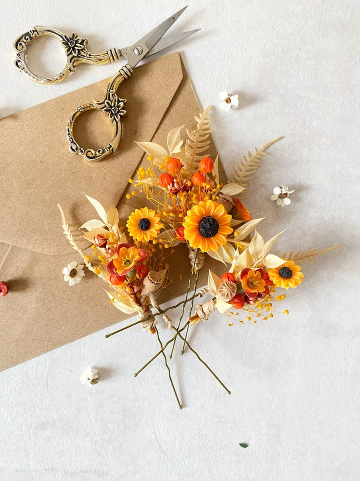Sunflower Hair Pins: Boho Wedding Hair Clips, Cottagecore Style – handmade floral hair accessory by magaela