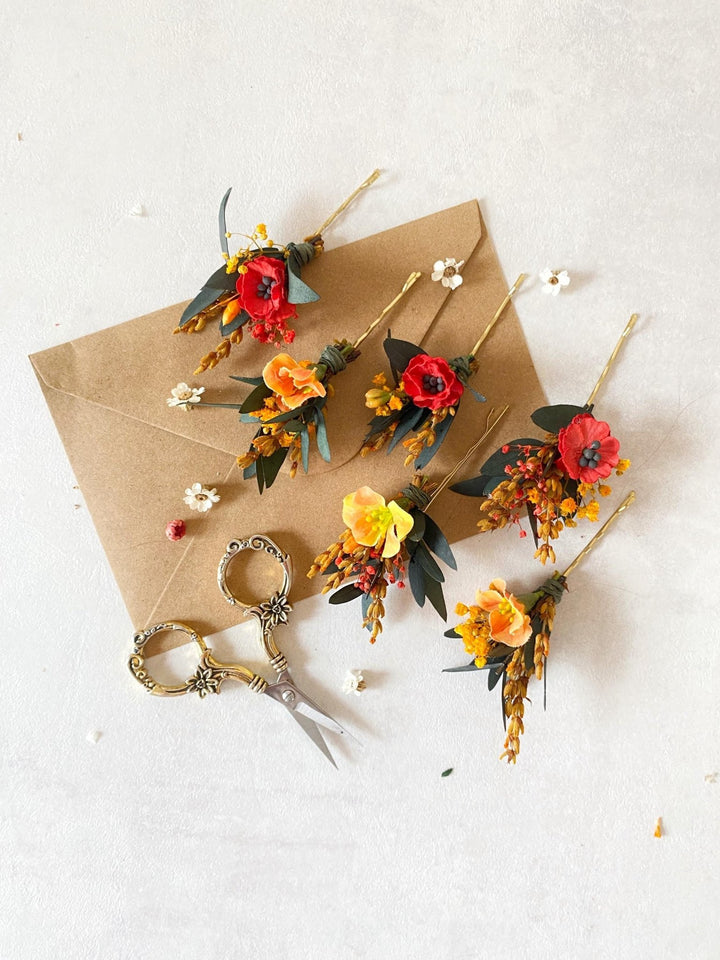Autumn Poppy Hair Pins: Boho Wedding Hair Clips – handmade floral hair accessory by magaela