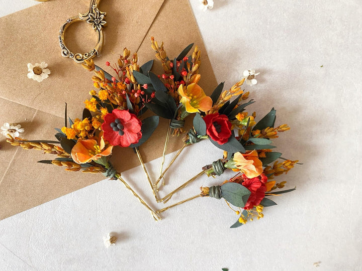 Autumn Poppy Hair Pins: Boho Wedding Hair Clips – handmade floral hair accessory by magaela