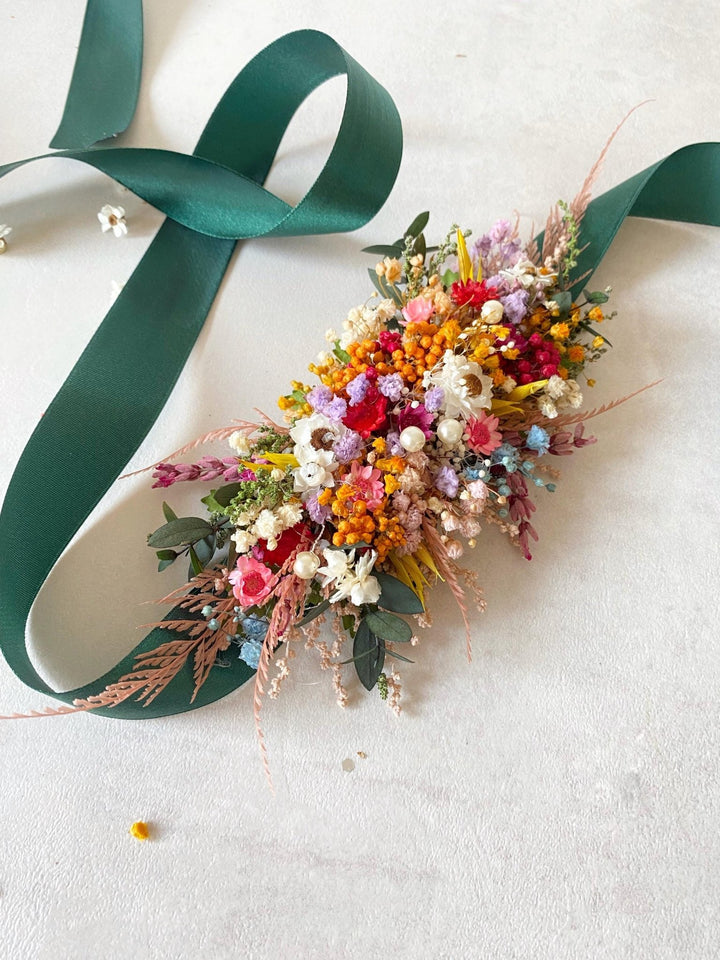 Preserved Flower Bridal Belt: Colorful Meadow Wedding Sash – handmade floral hair accessory by magaela
