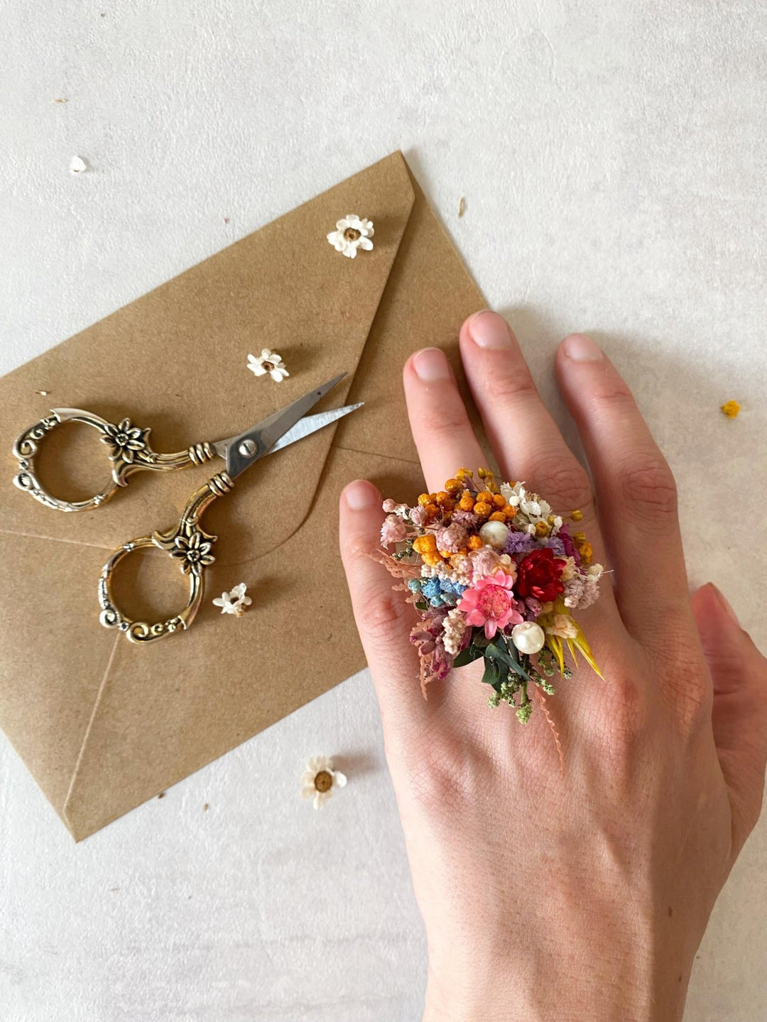 Cottagecore Flower Ring: Colorful Boho Floral Jewelry – handmade floral hair accessory by magaela