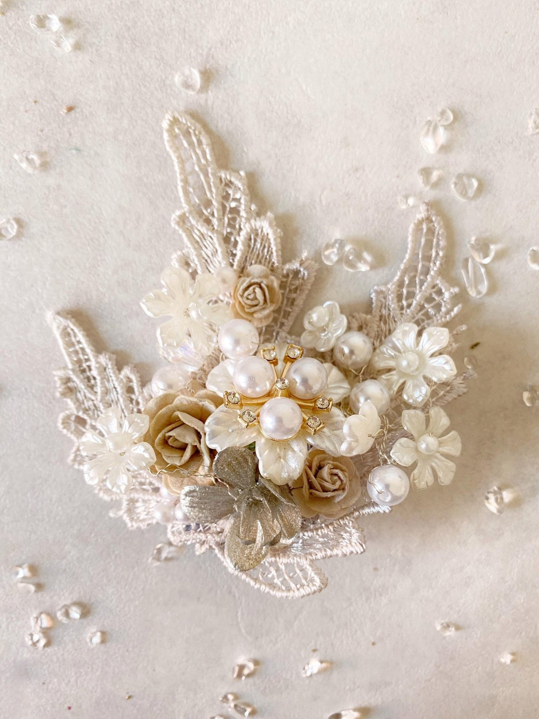 Glamour Flower Brooch: Vintage Style Pearls & Lace - Mocha Mousse – handmade floral hair accessory by magaela