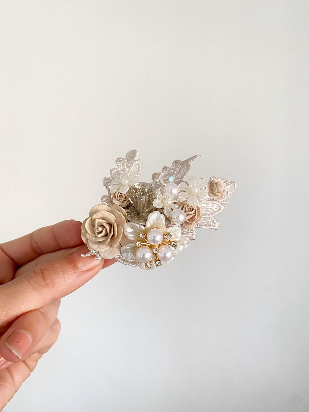 Glam Flower Hair Clip: Bridal Pearl & Lace Barrette – handmade floral hair accessory by magaela