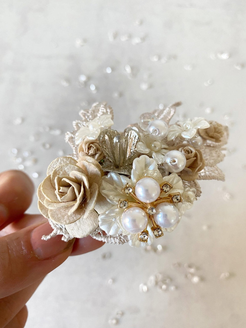 Glam Flower Hair Clip: Bridal Pearl & Lace Barrette – handmade floral hair accessory by magaela