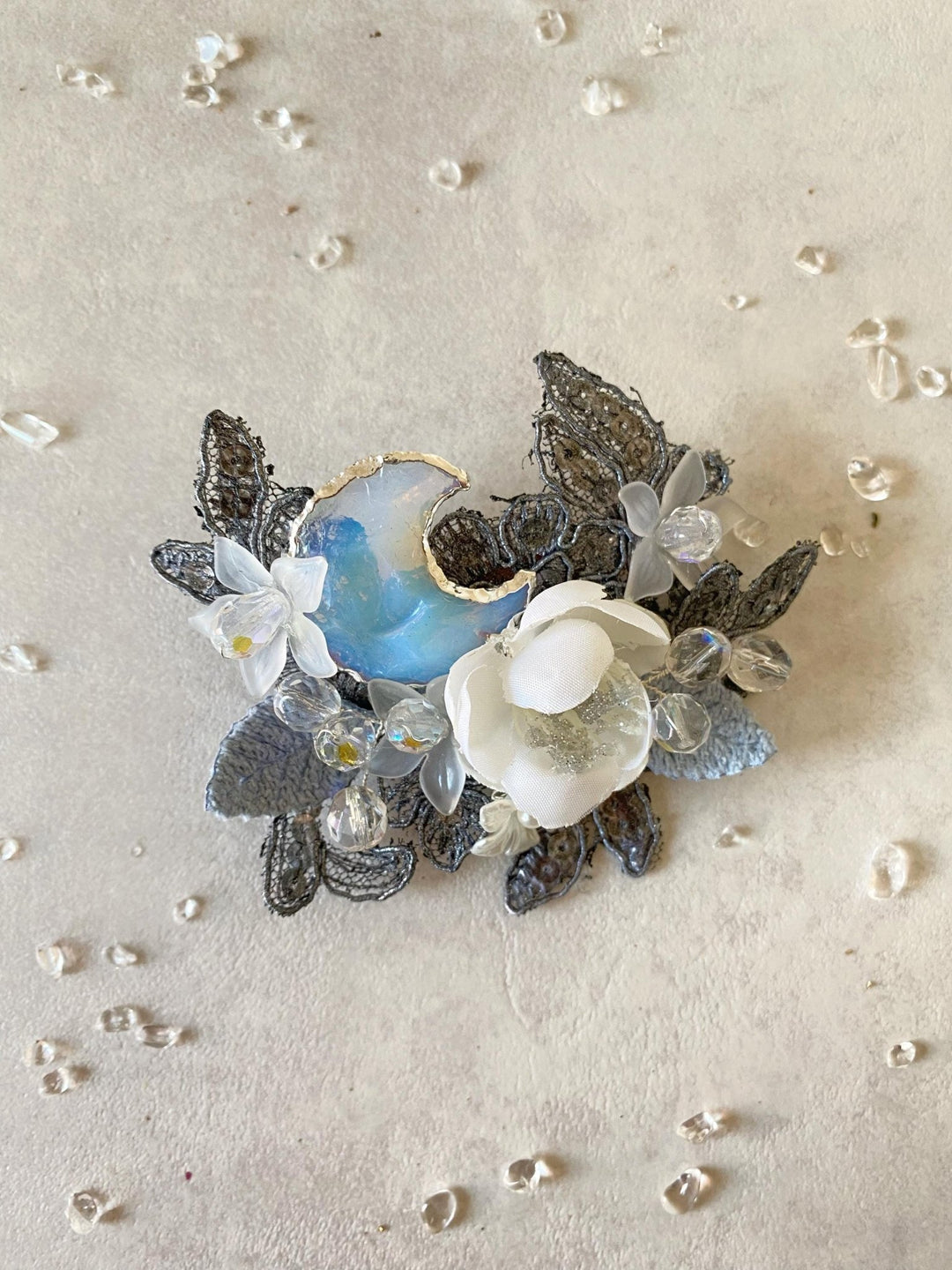 Glamour Flower Brooch with Moon: Romantic DG Style Brooch – handmade floral hair accessory by magaela