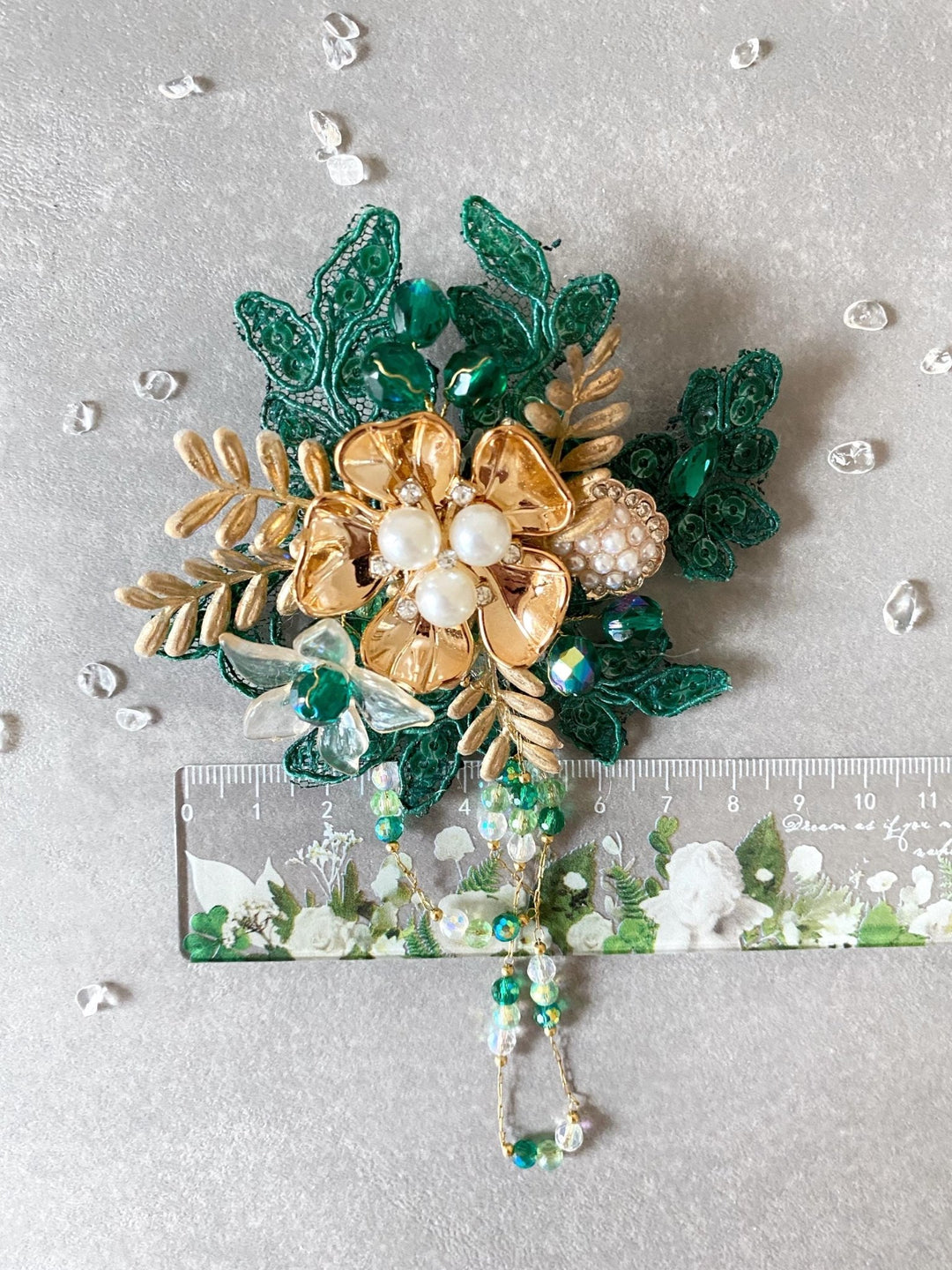 Emerald Green & Gold Flower Brooch – Glam Wedding Jewelry • Luxury Floral Pin – handmade floral hair accessory by magaela