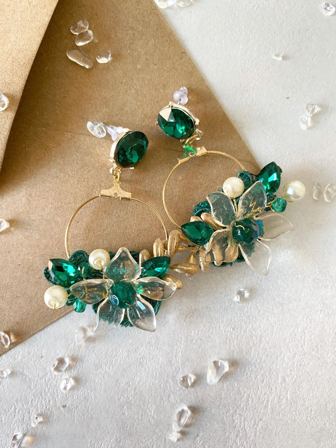 Emerald Green Flower Earrings: Gold Tone Studs, Bridal Jewelry – handmade floral hair accessory by magaela
