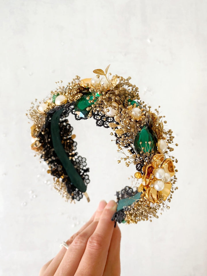Emerald Green & Gold Glam Crown: Bridal Flower Headband – handmade floral hair accessory by magaela
