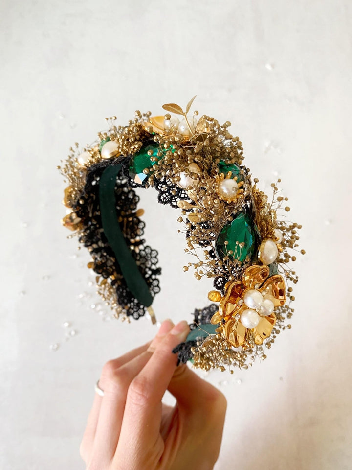 Emerald Green & Gold Glam Crown: Bridal Flower Headband – handmade floral hair accessory by magaela