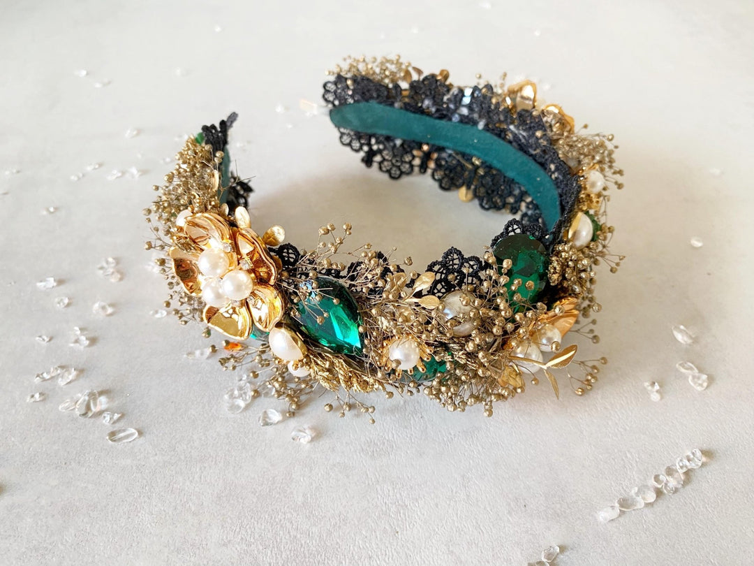 Emerald Green & Gold Glam Crown: Bridal Flower Headband – handmade floral hair accessory by magaela
