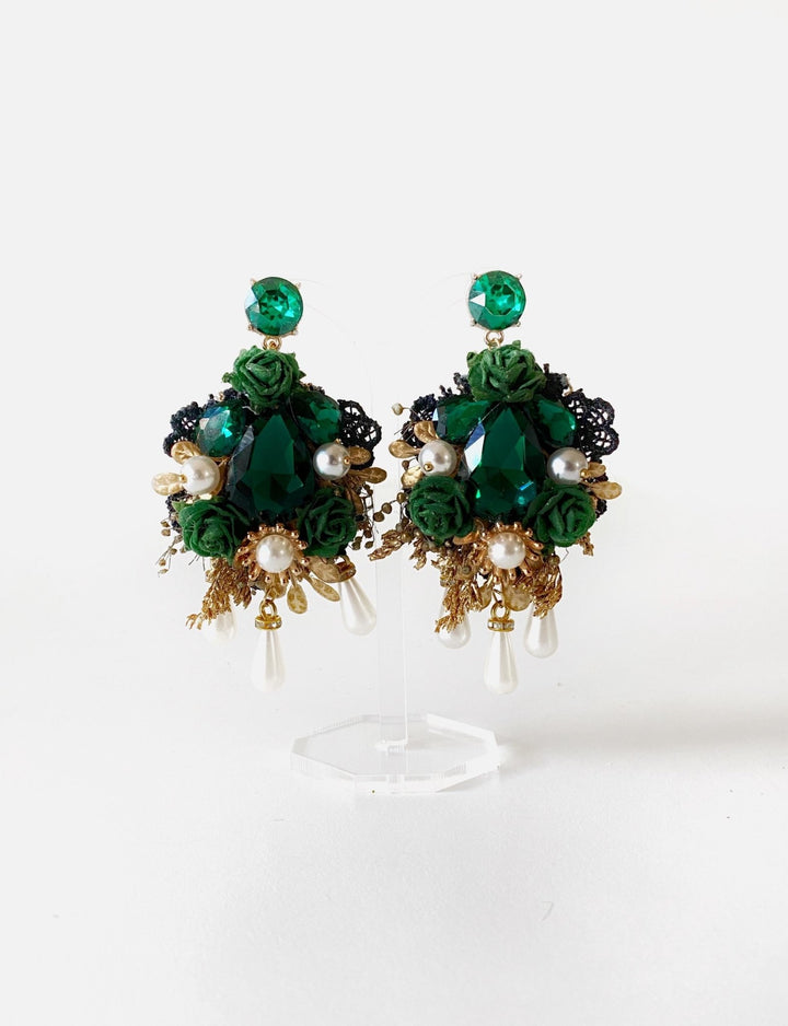 Emerald Green & Gold Glamour Earrings: Wedding Bridal Jewelry – handmade floral hair accessory by magaela