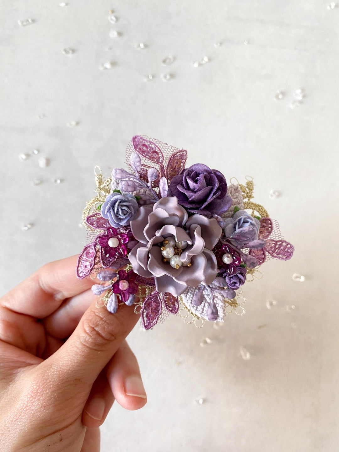 Purple Glam Flower Brooch: Luxury Floral Jewelry with Pearls & Lace (Limited Edition) – handmade floral hair accessory by magaela
