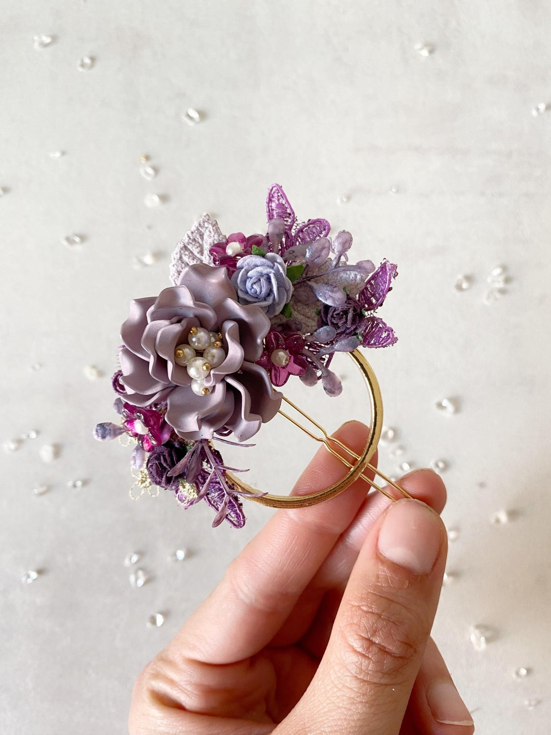 Purple Flower Hair Clip: Romantic Lace & Pearl Bridal Accessory – handmade floral hair accessory by magaela
