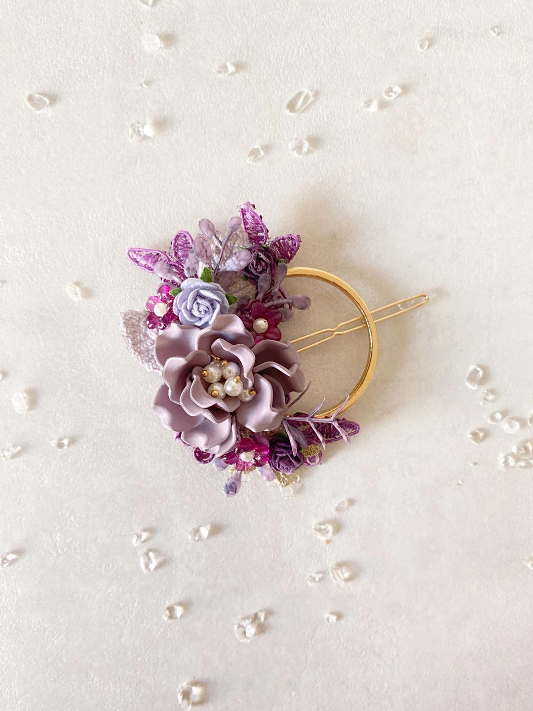 Purple Flower Hair Clip: Romantic Lace & Pearl Bridal Accessory – handmade floral hair accessory by magaela