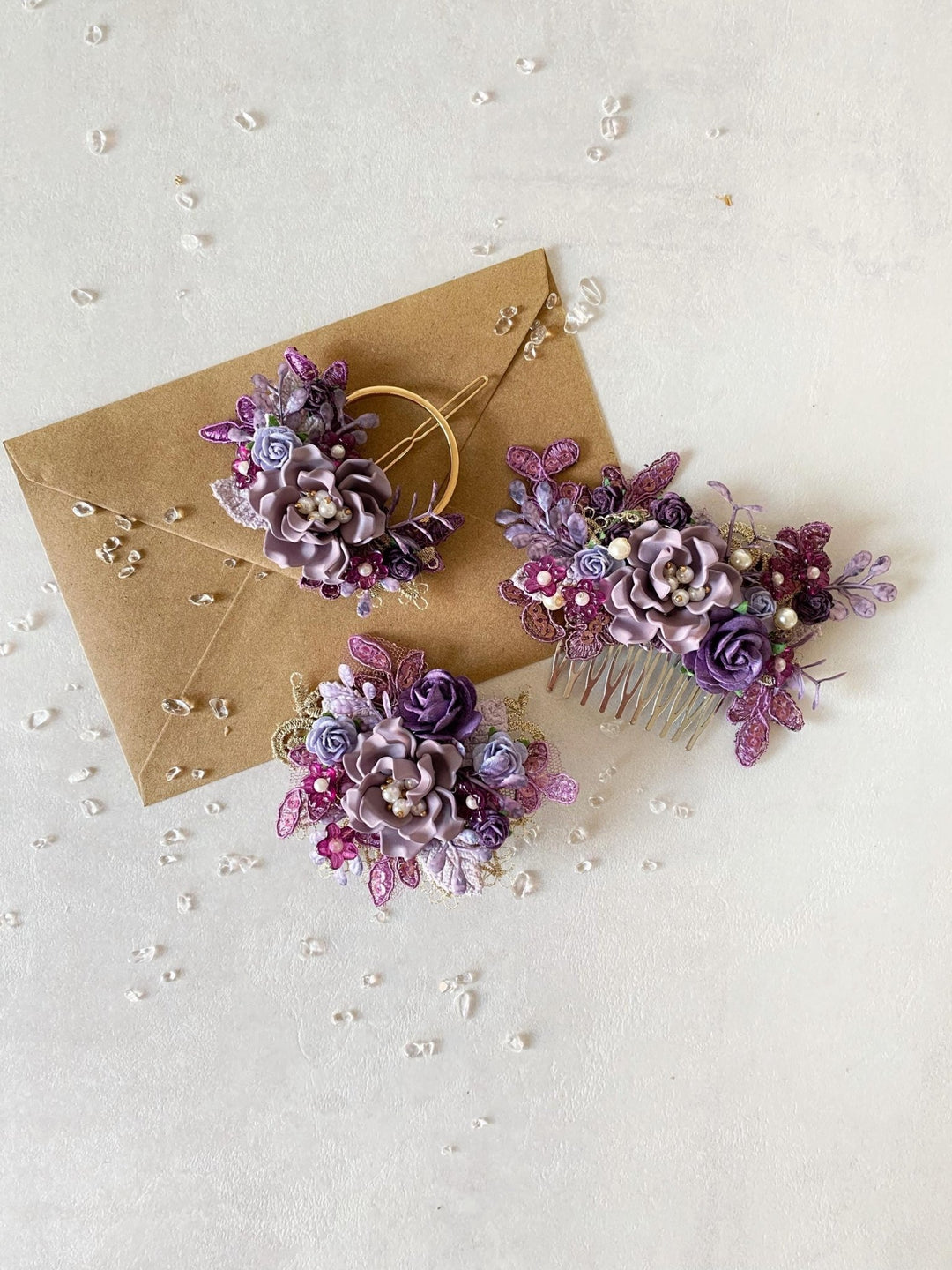 Purple Flower Hair Clip: Romantic Lace & Pearl Bridal Accessory – handmade floral hair accessory by magaela