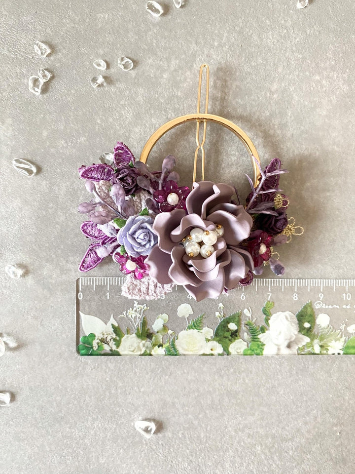 Purple Flower Hair Clip: Romantic Lace & Pearl Bridal Accessory – handmade floral hair accessory by magaela