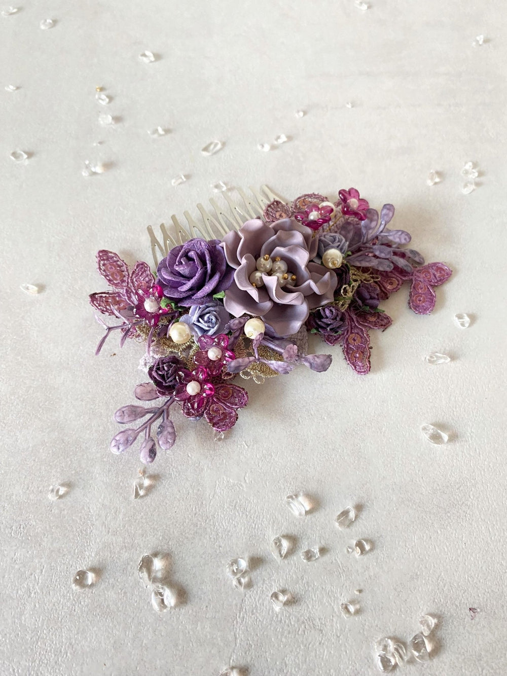 Glam Purple Flower Hair Comb: Luxury Bridal Hair Jewelry – handmade floral hair accessory by magaela