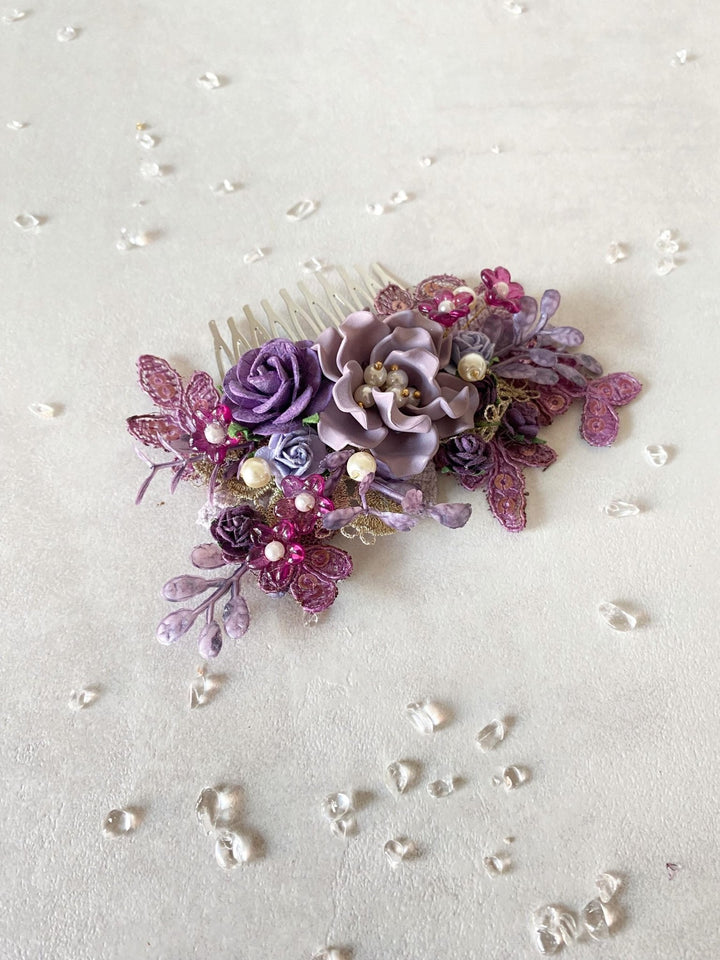 Glam Purple Flower Hair Comb: Luxury Bridal Hair Jewelry – handmade floral hair accessory by magaela