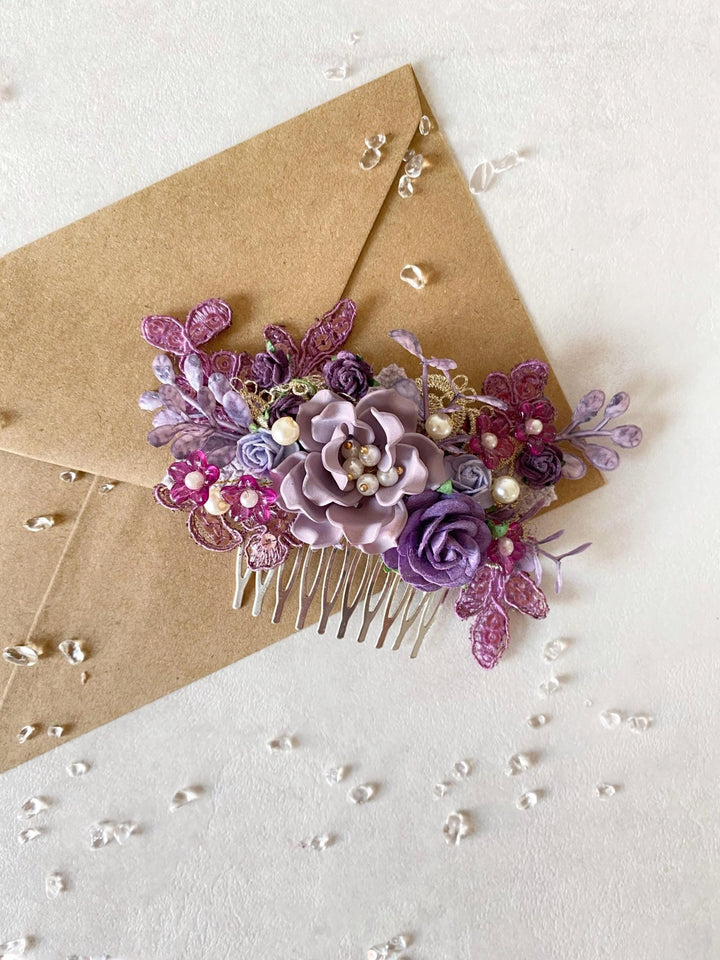 Glam Purple Flower Hair Comb: Luxury Bridal Hair Jewelry – handmade floral hair accessory by magaela