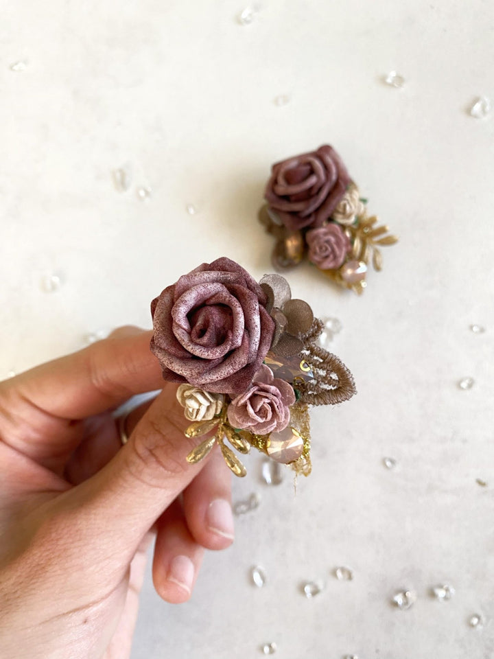 Pink Gold Flower Earrings: Glam Wedding Jewelry – handmade floral hair accessory by magaela