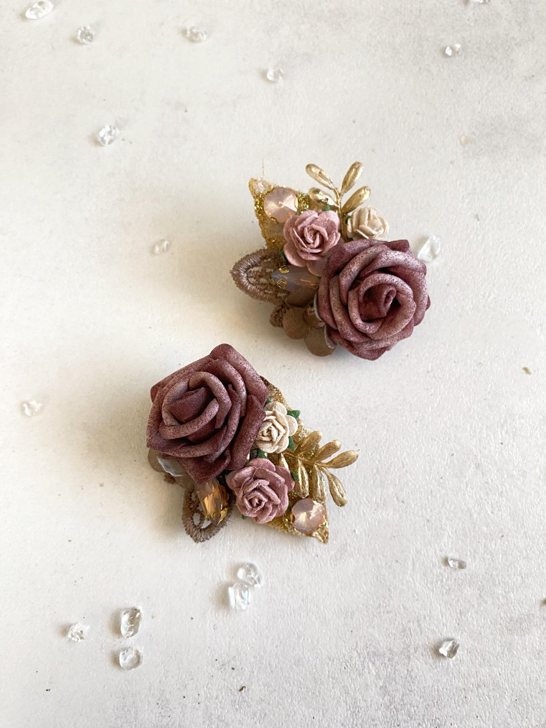Pink Gold Flower Earrings: Glam Wedding Jewelry – handmade floral hair accessory by magaela