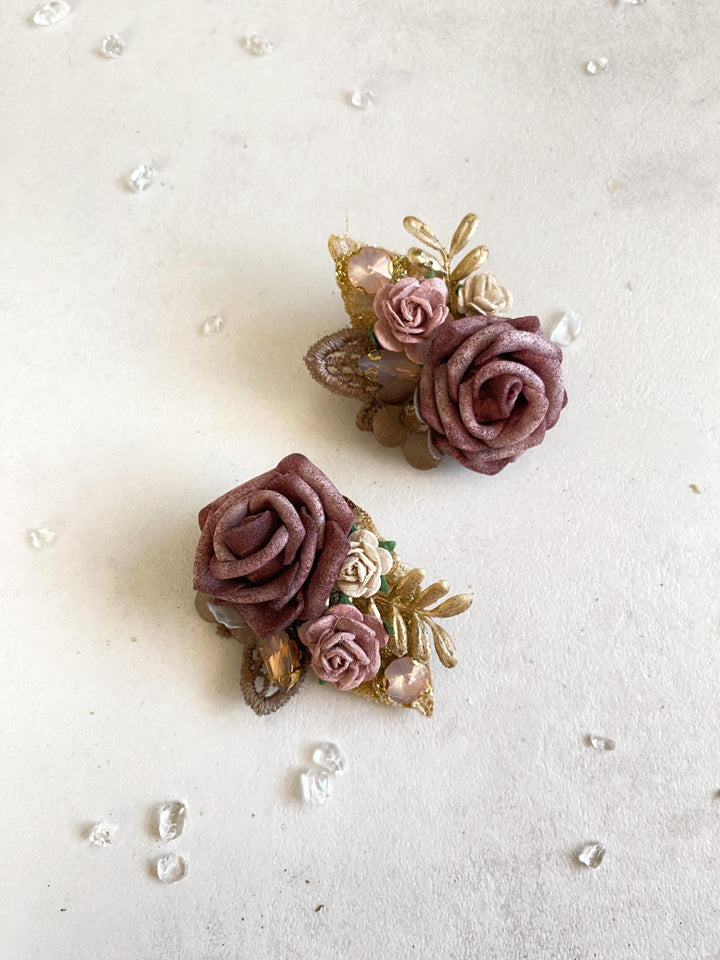 Pink Gold Flower Earrings: Glam Wedding Jewelry – handmade floral hair accessory by magaela