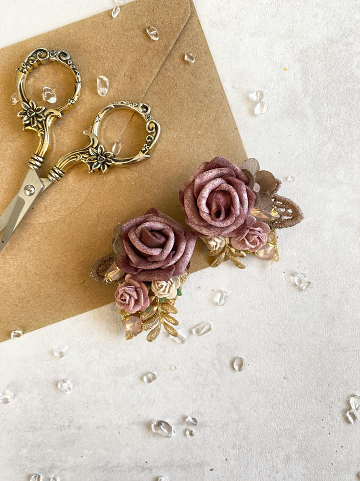 Pink Gold Flower Earrings: Glam Wedding Jewelry – handmade floral hair accessory by magaela