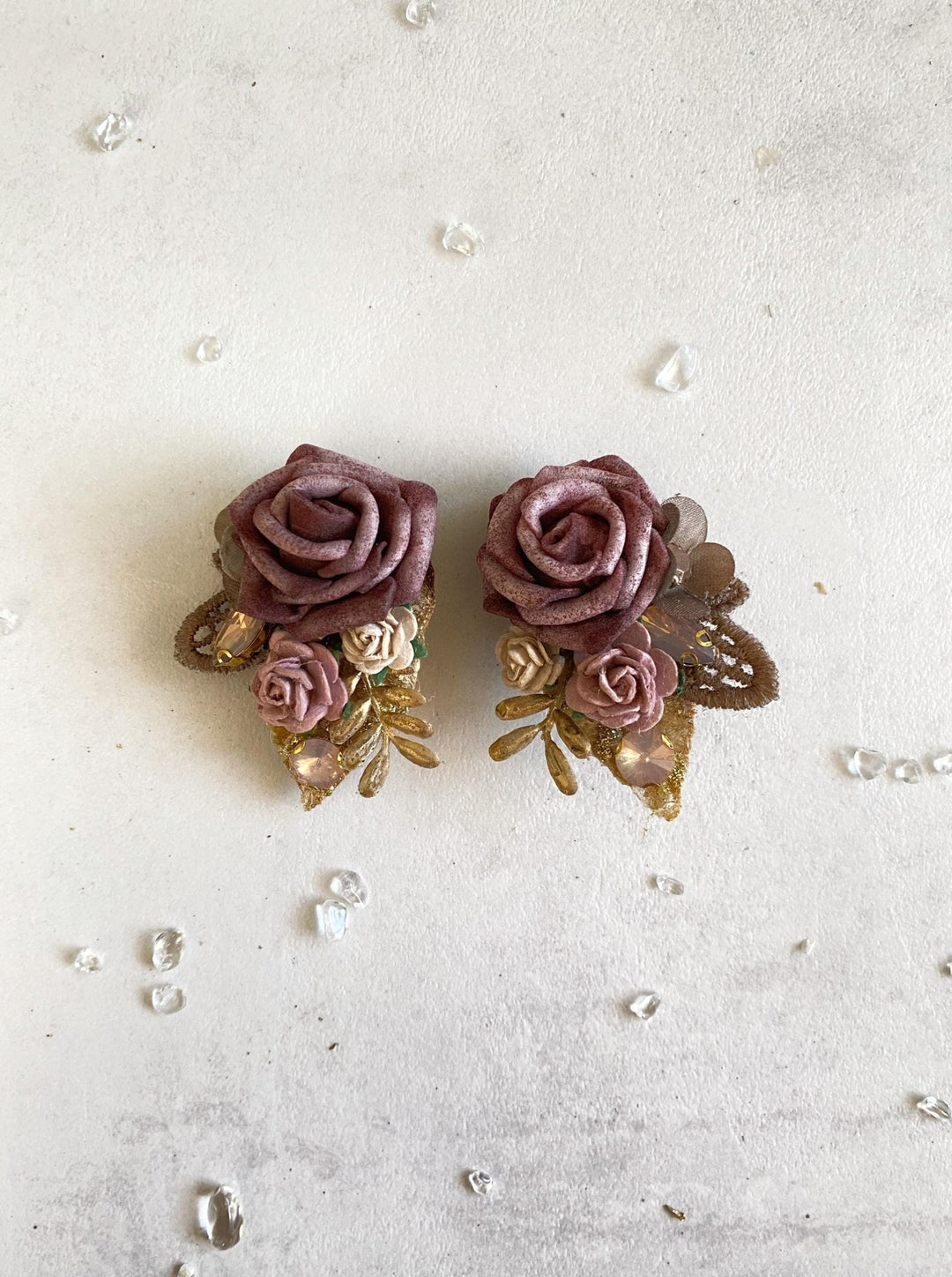 Pink Gold Flower Earrings: Glam Wedding Jewelry – handmade floral hair accessory by magaela
