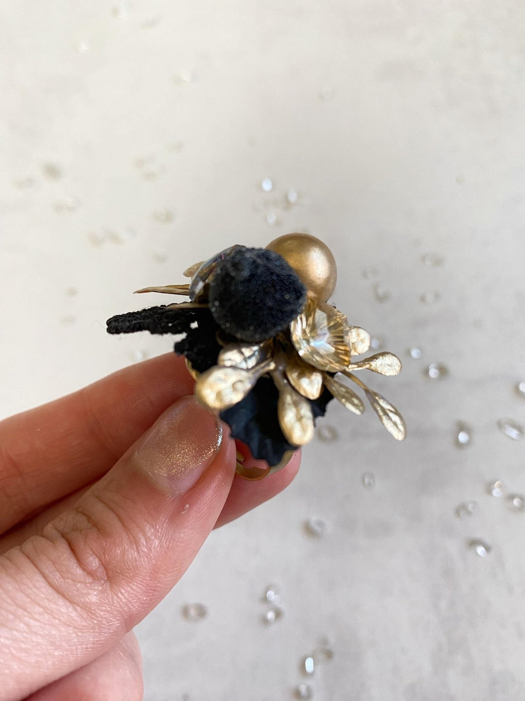 Glam Black Flower Ring: Bridal Floral Jewelry – handmade floral hair accessory by magaela