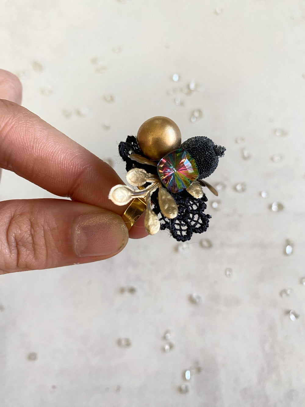 Glam Black Flower Ring: Bridal Floral Jewelry – handmade floral hair accessory by magaela