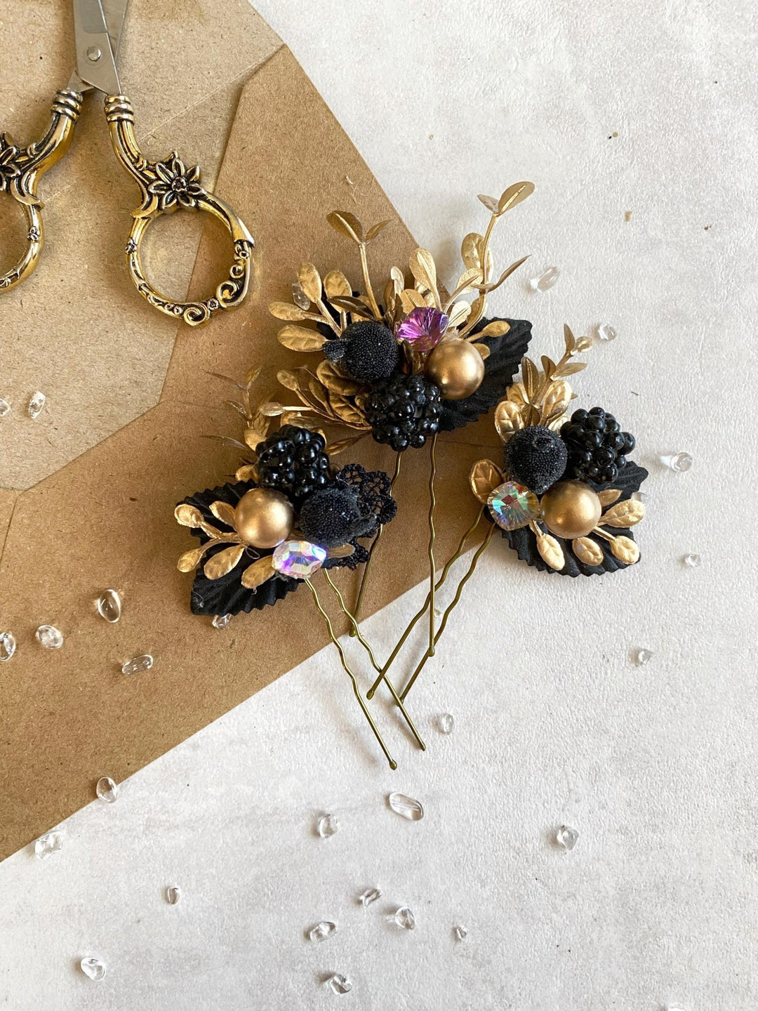 Black and Gold Floral Hair Pins: Glam Wedding Hair Accessory – handmade floral hair accessory by magaela