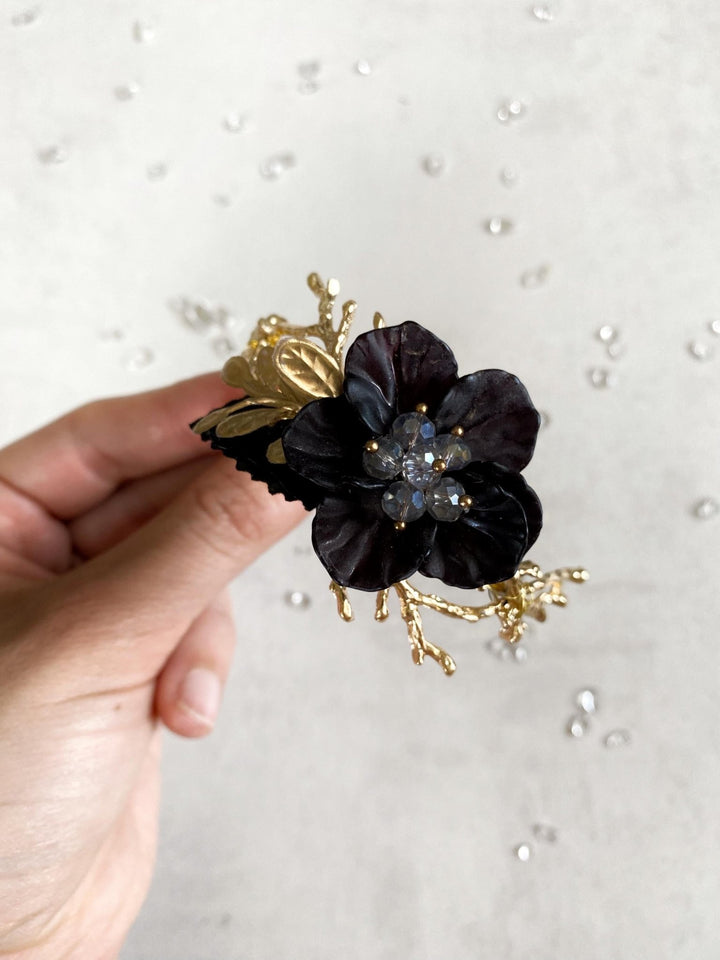 Black & Gold Flower Bracelet: Glam Wedding Wrist Corsage – handmade floral hair accessory by magaela