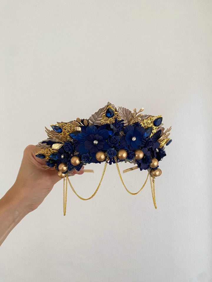 Royal Blue Gold Crown Headband: Glam Wedding Hair Jewelry – handmade floral hair accessory by magaela