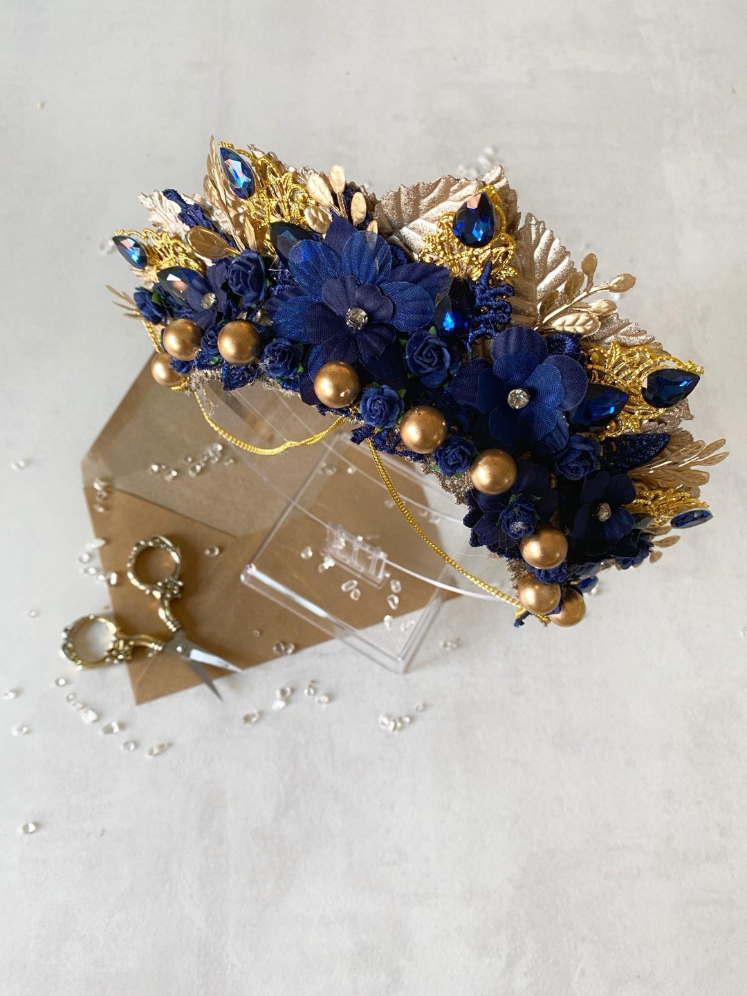 Royal Blue Gold Crown Headband: Glam Wedding Hair Jewelry – handmade floral hair accessory by magaela