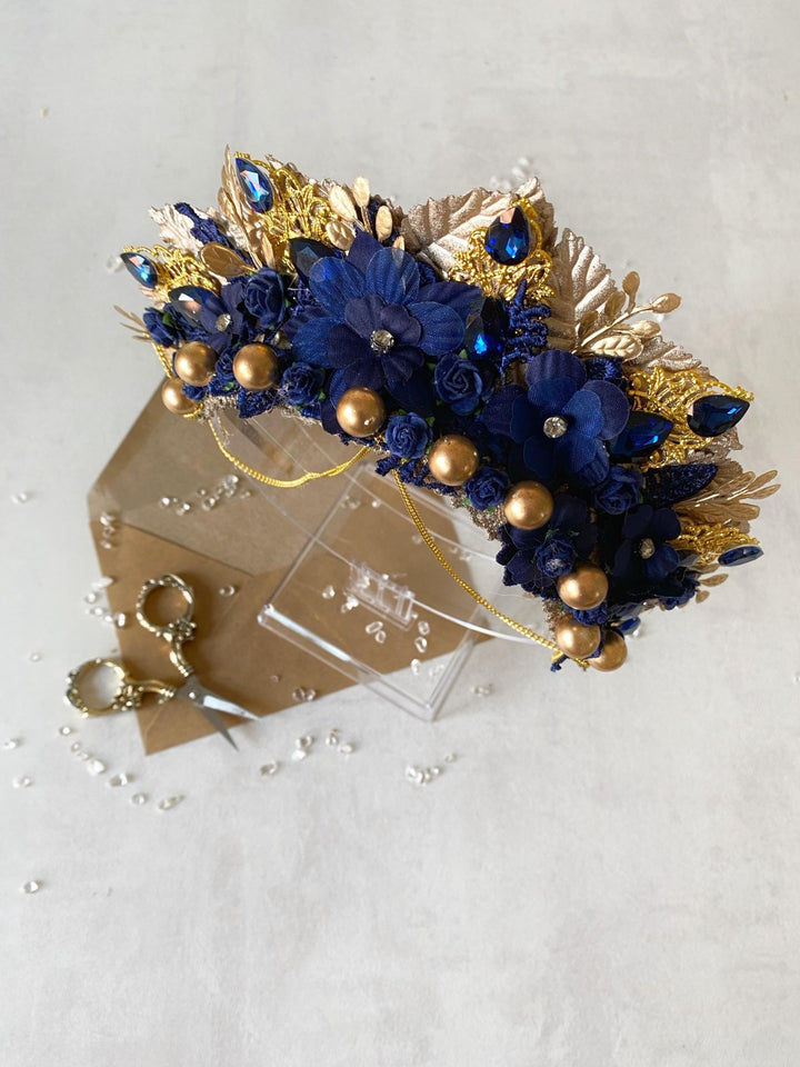 Royal Blue Gold Crown Headband: Glam Wedding Hair Jewelry – handmade floral hair accessory by magaela