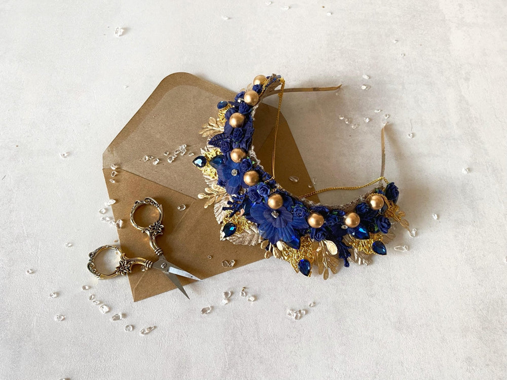Royal Blue Gold Crown Headband: Glam Wedding Hair Jewelry – handmade floral hair accessory by magaela