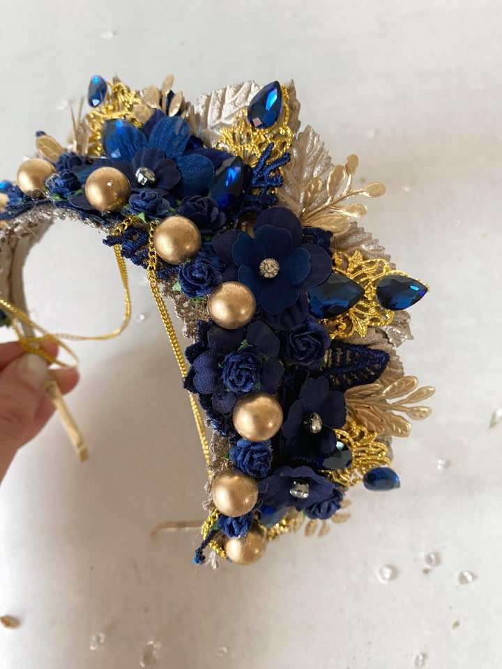 Royal Blue Gold Crown Headband: Glam Wedding Hair Jewelry – handmade floral hair accessory by magaela