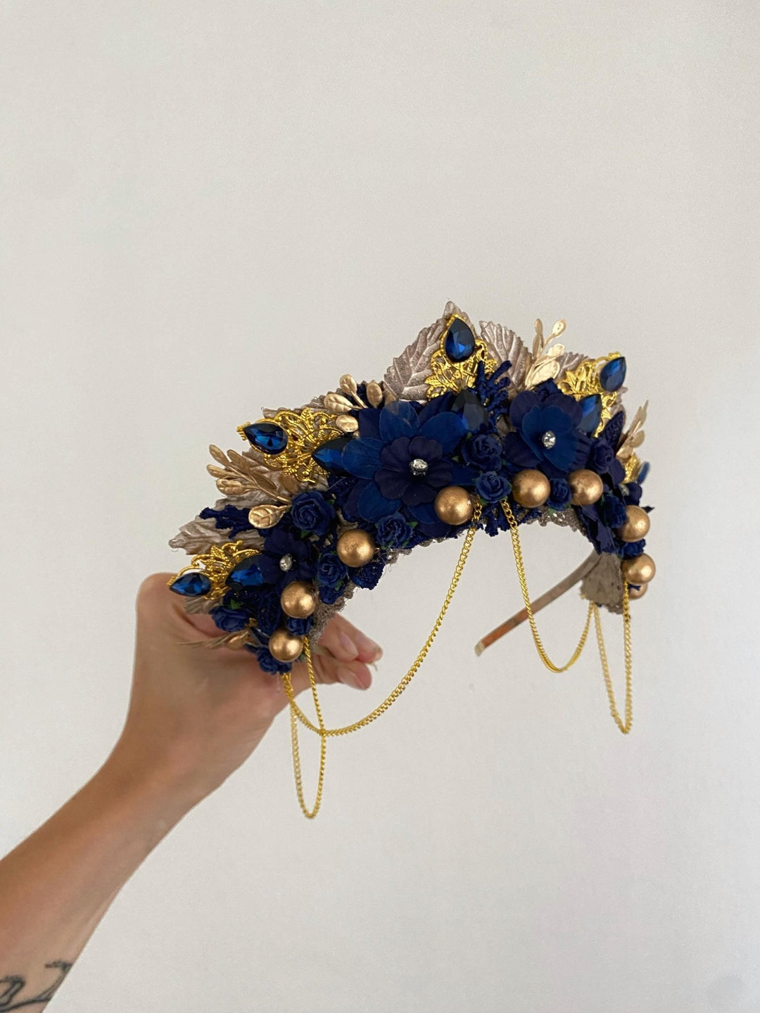 Royal Blue Gold Crown Headband: Glam Wedding Hair Jewelry – handmade floral hair accessory by magaela