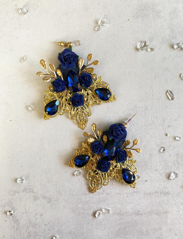 Royal Blue & Gold Glamour Earrings: Vintage Style Bridal Jewelry – handmade floral hair accessory by magaela