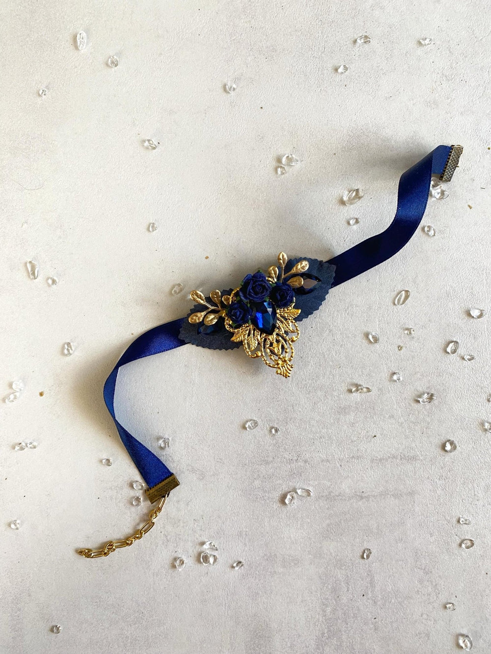 Royal Blue & Gold Glam Choker Necklace: Gothic Wedding Jewelry – handmade floral hair accessory by magaela