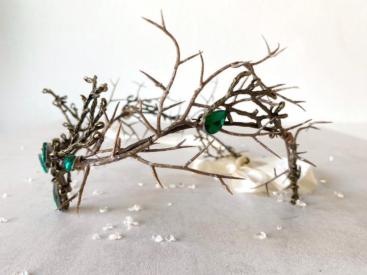 Emerald Green Fairy Crown: Woodland Wedding Bridal Tiara – handmade floral hair accessory by magaela