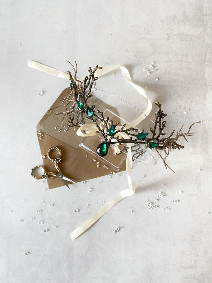 Emerald Green Fairy Crown: Woodland Wedding Bridal Tiara – handmade floral hair accessory by magaela