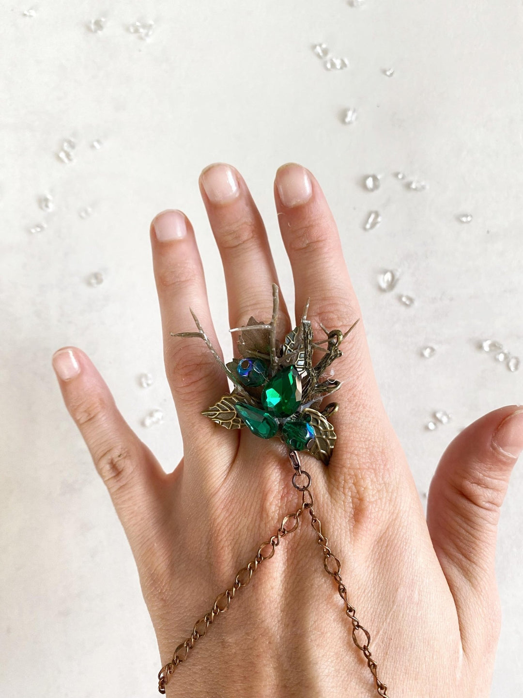 Emerald Green Floral Bracelet with Ring: Woodland Fairy Jewelry – handmade floral hair accessory by magaela