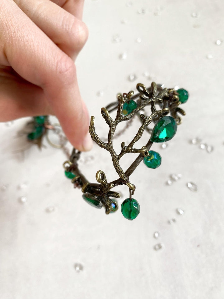 Emerald Green Floral Bracelet with Ring: Woodland Fairy Jewelry – handmade floral hair accessory by magaela
