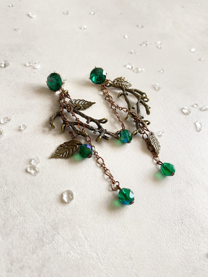 Emerald Green & Gold Wedding Earrings: Woodland Glam Bridal Jewelry – handmade floral hair accessory by magaela