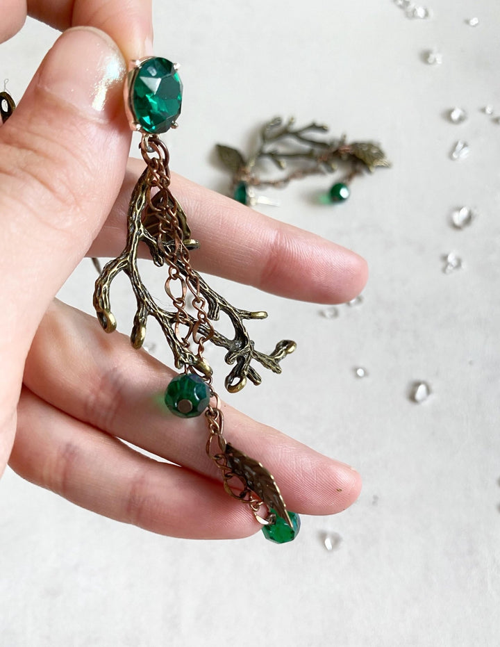 Emerald Green & Gold Wedding Earrings: Woodland Glam Bridal Jewelry – handmade floral hair accessory by magaela