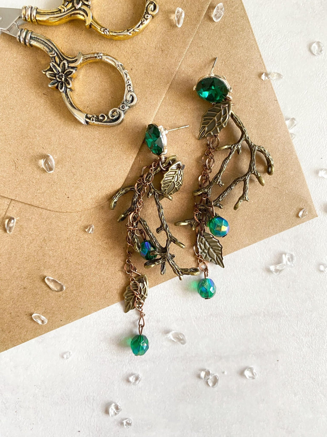 Emerald Green & Gold Wedding Earrings: Woodland Glam Bridal Jewelry – handmade floral hair accessory by magaela