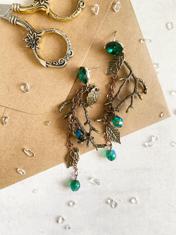 Emerald Green & Gold Wedding Earrings: Woodland Glam Bridal Jewelry – handmade floral hair accessory by magaela