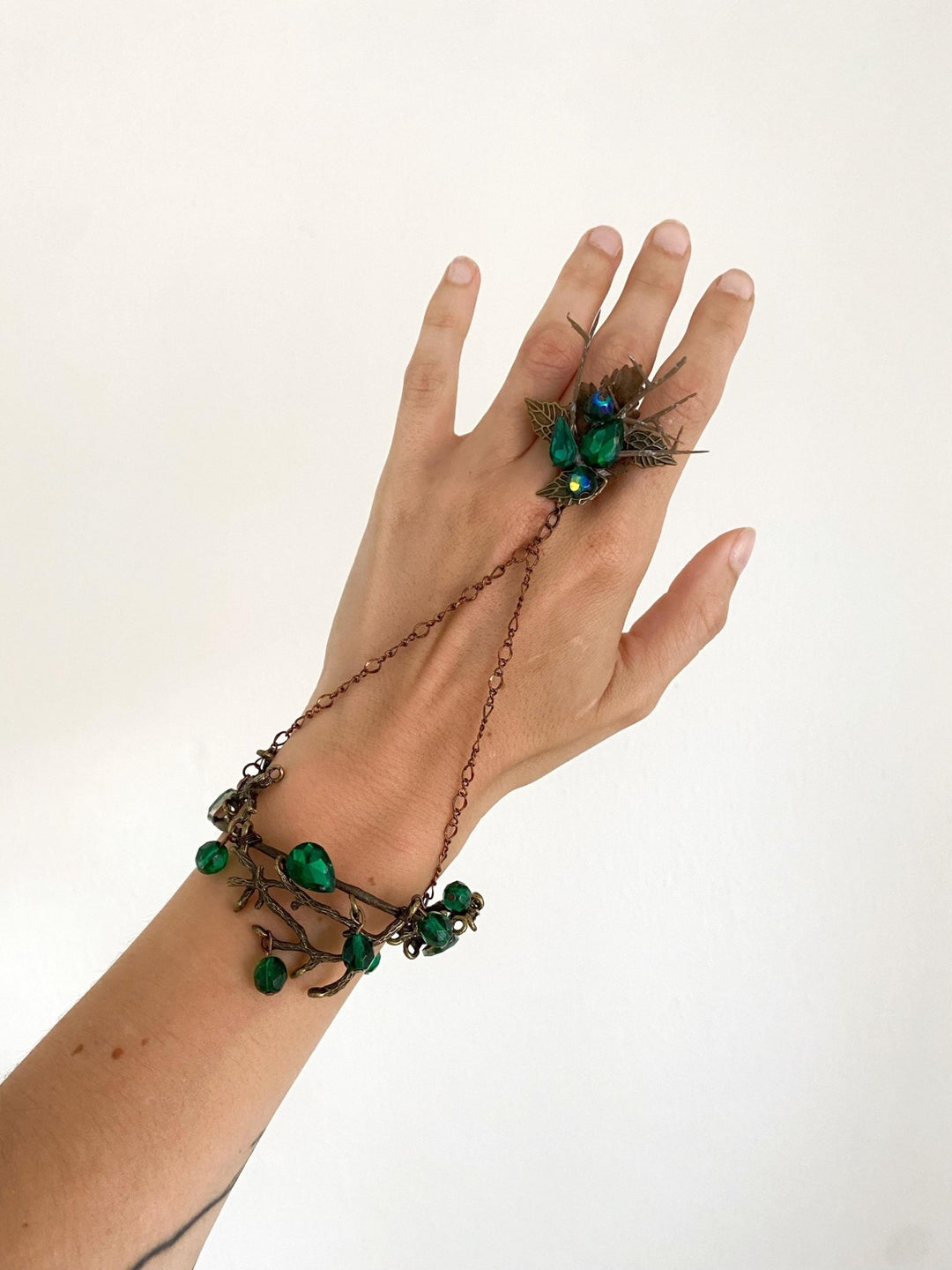 Emerald Green Floral Bracelet with Ring: Woodland Fairy Jewelry – handmade floral hair accessory by magaela