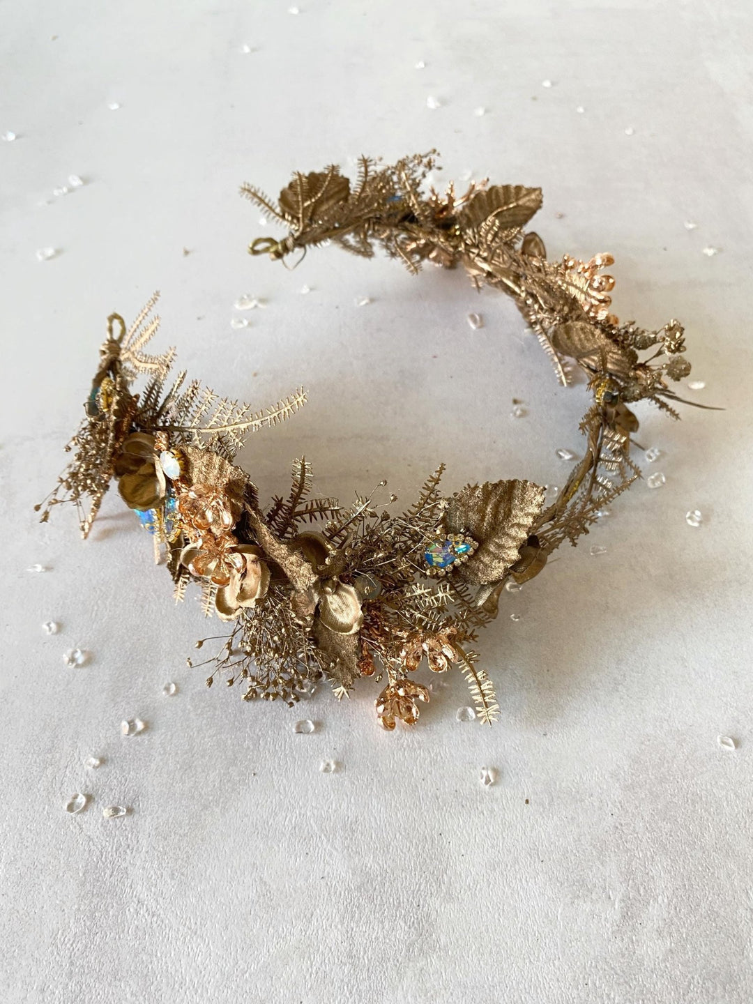 Gold Flower Crown: Glamour Bridal Tiara, Fantasy Wedding Jewelry – handmade floral hair accessory by magaela